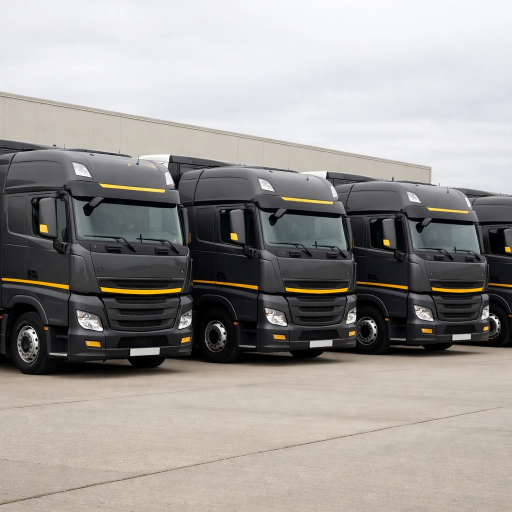 Nowoczesne ciężarówki zaparkowane na placu firmowym