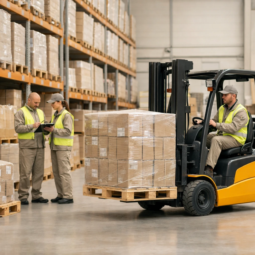 Pracownicy magazynu przygotowują palety do wysyłki